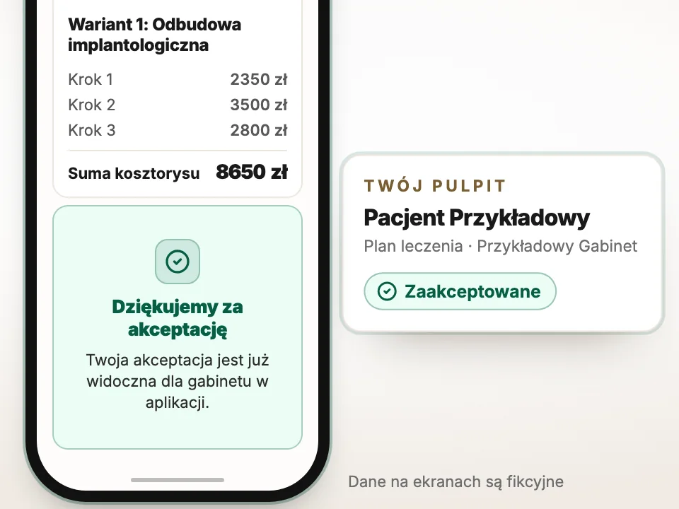 Pacjent akceptuje plan leczenia na telefonie, a status planu na pulpicie lekarza zmienia się na „Zaakceptowane”