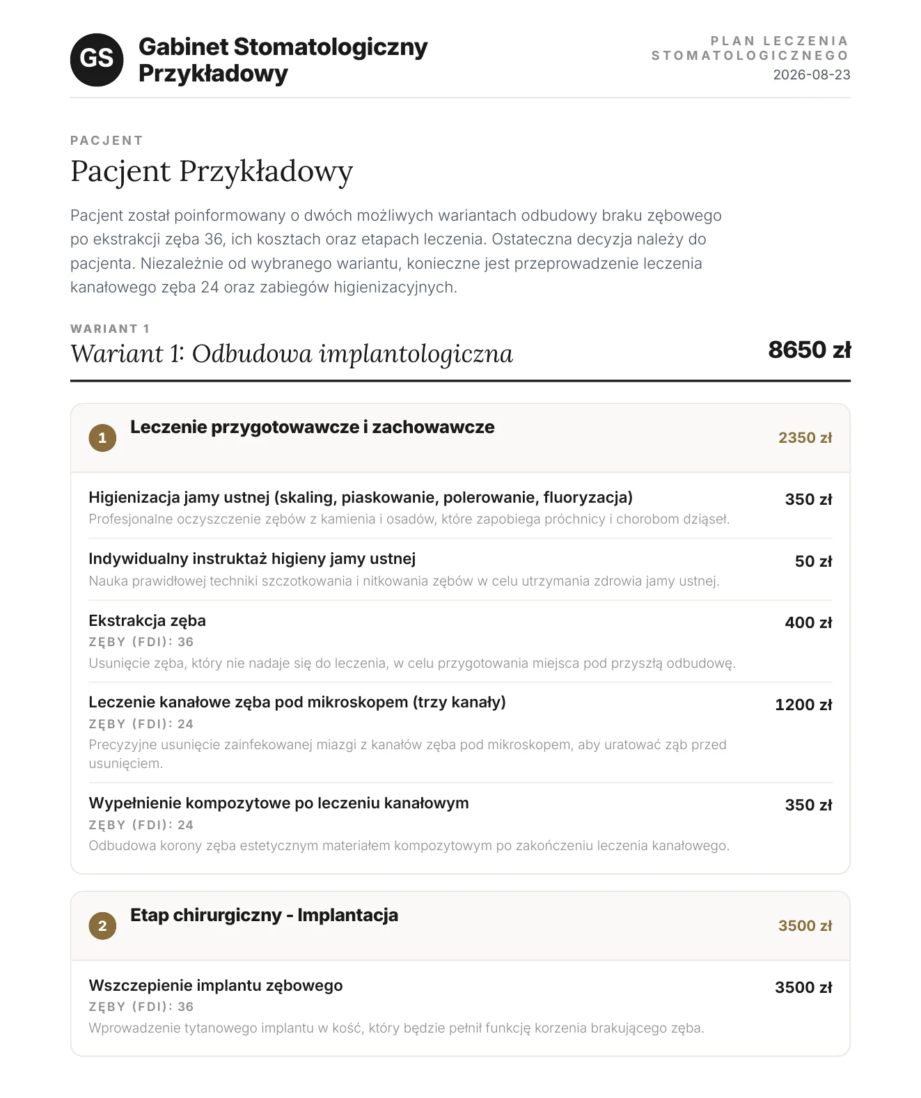 Pierwsza strona planu leczenia w PDF: warianty, etapy, numery zębów i koszty